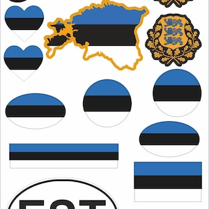 Peut inclure: Ensemble d'autocollants et décalcomanies aux couleurs de l'Estonie. On y trouve le mot "Estonia" en bleu, une carte du pays, des cœurs et des ovales avec les lettres "EST". Les couleurs sont le bleu, le noir et le blanc.