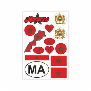 May include: A sheet of stickers featuring Moroccan flag elements. Includes red and green flags, hearts, and map outlines, along with the word "Morocco" in red script and a "MA" sticker.