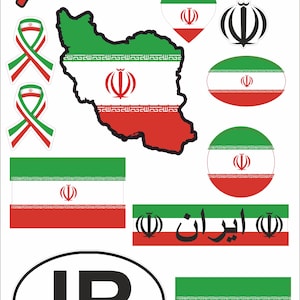 Peut inclure: Ensemble d'autocollants et de décalcomanies sur le thème de l'Iran. Les motifs comprennent le drapeau iranien, un contour de carte, des formes de cœur et le mot "Iran" en anglais et en farsi. Les autocollants présentent des couleurs vertes, blanches, rouges et noires.