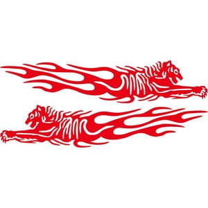 Puede incluir: Dos calcomanías rojas de llamas de tigre sobre un fondo blanco. Las calcomanías representan un tigre corriendo, con llamas que se extienden desde su cuerpo. Los detalles del tigre son visibles.
