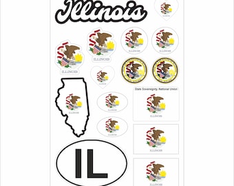 Illinois Sticker Set – 16 Vinyl Decals, Flag, Map, IL Code, Illinois Emblem, Motorcycle, Car