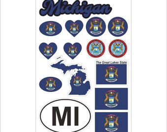 Michigan Sticker Set–15 Vinyl Decals, Flag, Map, MI Code, Michigan Emblem, Motorcycle, Car