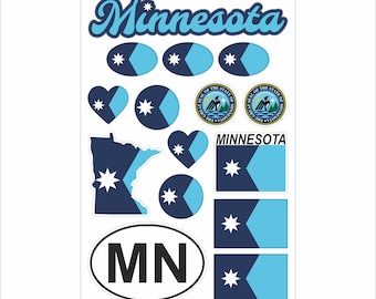 Minnesota Sticker Set–15 Vinyl Decals, Flag, Map, MN Code, Minnesota Emblem, Motorcycle, Car