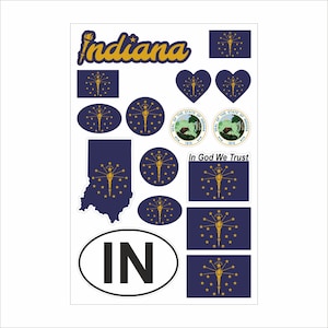 Op de afbeelding: Een vel met stickers met het thema Indiana met de staatsvlag, het zegel en de omtrek. De stickers bevatten het woord "Indiana" in gouden letters, het staatszegel en de zin "In God We Trust".