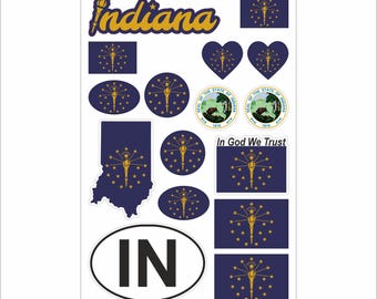 Indiana Sticker Set – 16 Vinyl Decals, Flag, Map, IN Code, Indiana Emblem, Motorcycle, Car