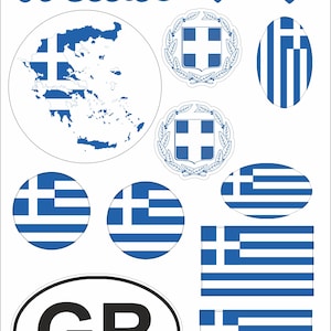 Peut inclure: Ensemble d'autocollants et décalcomanies avec des symboles grecs. Comprend le mot "Hellas" en bleu, des drapeaux en forme de cœur, une carte de la Grèce et des autocollants ovales avec "GR".