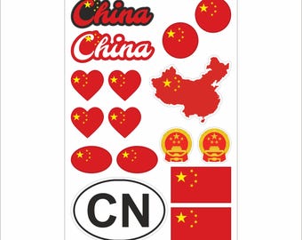 China Sticker Set – 16 Vinyl Decals, Flag, Map, CN Code, China Emblem