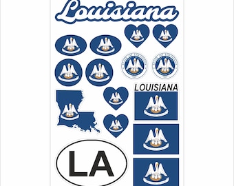 Lauisiana Sticker Set–16 Vinyl Decals, Flag, Map, LA Code, Lauisiana Emblem, Motorcycle, Car