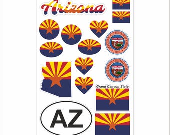 Arizona Sticker Set – 16 Vinyl Decals, Flag, Map, AZ Code, Arizona Emblem, Motorcycle, Car