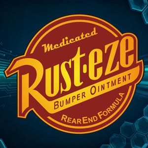 May include: A logo for "Rust-eze Bumper Ointment," a fictional product. The logo is a circular emblem with a red and yellow color scheme. The text includes "Medicated," "Bumper Ointment," and "Rear End Formula" on a dark blue background with a tech design.