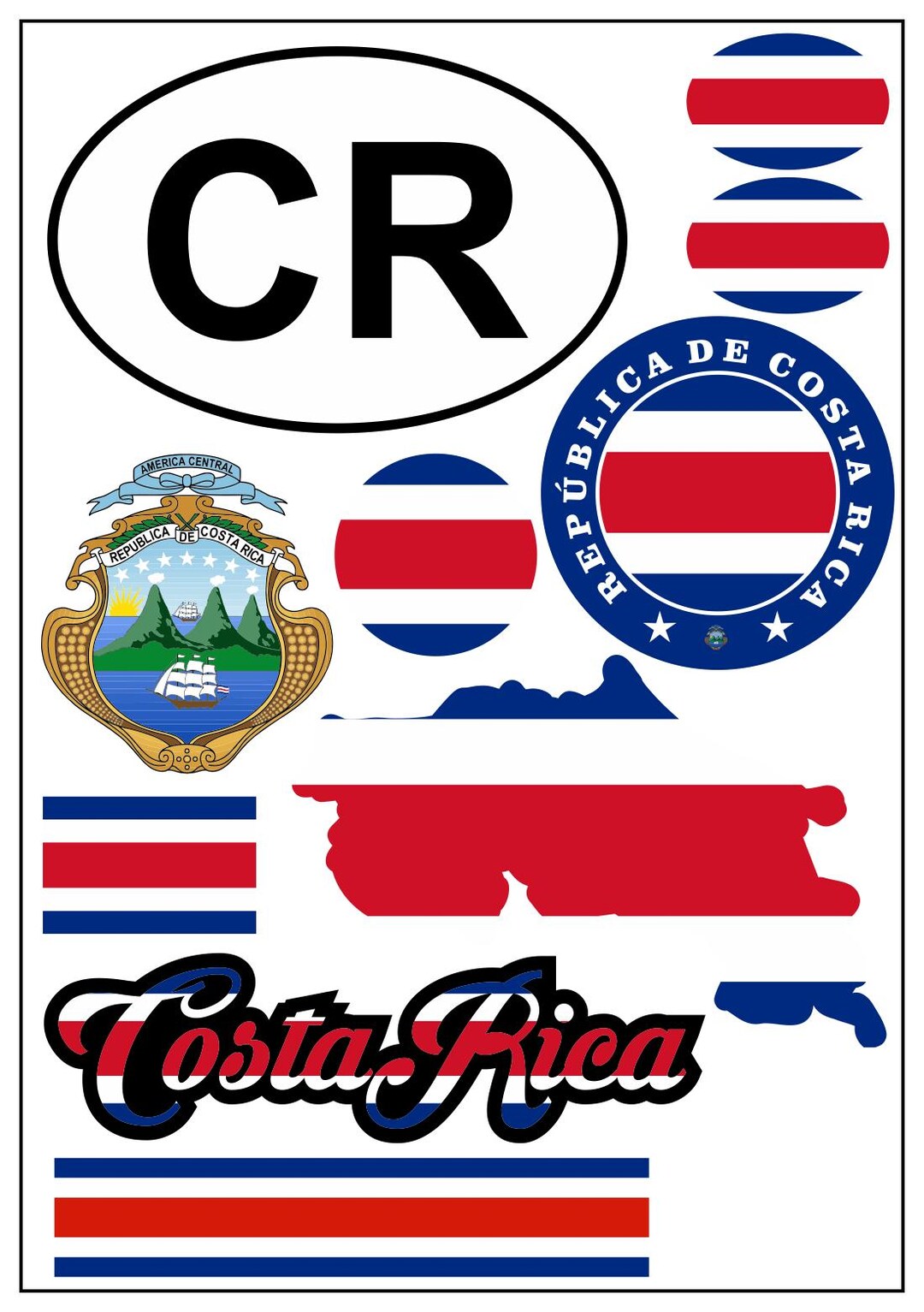 Three Letter Code Costa Rica Costa Rica Sticker Set 9x – CR Country Code, Flag & Emblem Vinyl Decals ...