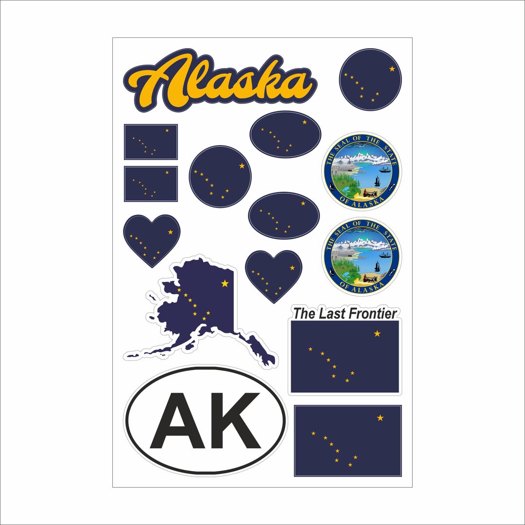Alaska Sticker Set – 15 Vinyl Decals, Flag, Map, AL Code, Alaska Emblem ...