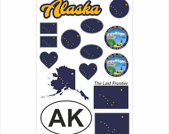 Alaska Sticker Set – 15 Vinyl Decals, Flag, Map, AL Code, Alaska Emblem, Motorcycle, Car