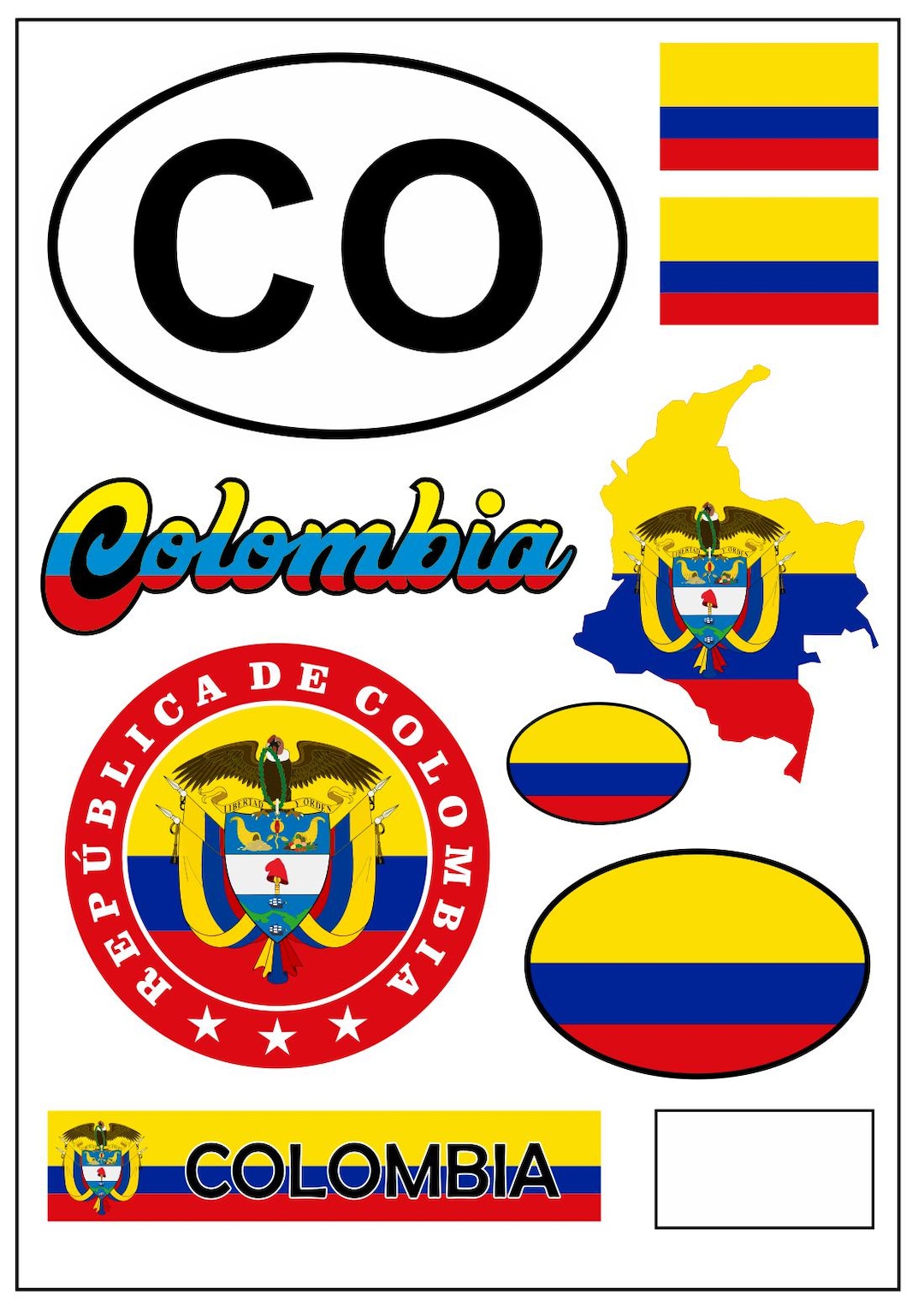 Colombia Sticker Set 8x – CO Oval Code, Flag Stickers, Emblems & Map ...