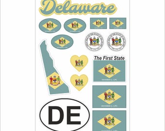 Delaware Sticker Set – 15 Vinyl Decals, Flag, Map, CT Code, Delaware Emblem, Motorcycle