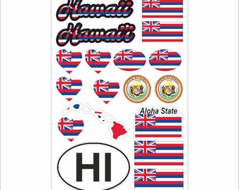Hawaii Sticker Set – 18 Vinyl Decals, Flag, Map, HI Code, Hawaii Emblem, Motorcycle, Car