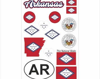 Arkansas Sticker Set – 15 Vinyl Decals, Flag, Map, AR Code, Arkansas Emblem, Motorcycle, Car