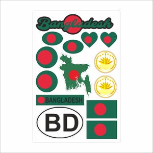 May include: A sticker sheet with various designs related to Bangladesh. Includes the country's flag, map outline, and text such as "Bangladesh" and "BD". The stickers are in green, red, and gold.