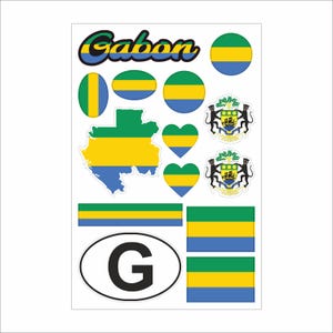 Peut inclure: Une planche d'autocollants avec des motifs sur le thème du Gabon. Les autocollants présentent le drapeau gabonais sous différentes formes, notamment des cercles, des cœurs et une carte. Le mot "Gabon" est écrit dans une police stylisée.