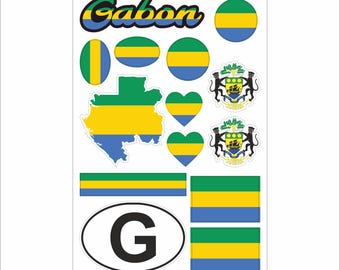 Gabon Sticker Set – 18 Vinyl Decals, Flag, Map, G Code, Coat Of Arms, Gabon Emblem