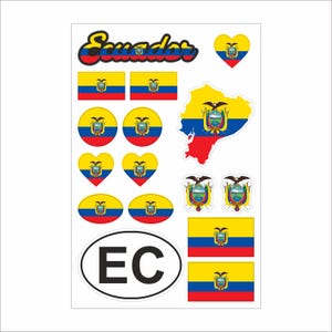 May include: A sheet of stickers featuring the flag and map of Ecuador. The stickers include the flag in various shapes, including rectangles, circles, hearts, and an oval with the letters "EC". The word "Ecuador" is written in a colorful script.