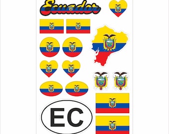 Juego de pegatinas de Ecuador – 16 calcomanías de vinilo, bandera, mapa, código EC, emblema de Ecuador