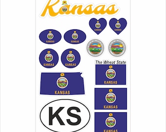 Kansas Sticker Set – 14 Vinyl Decals, Flag, Map, KS Code, Kansas Emblem, Motorcycle, Car