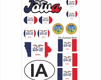 Iowa Sticker Set – 14 Vinyl Decals, Flag, Map, IA Code, Iowa Emblem, Motorcycle, Car