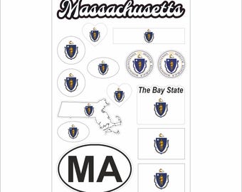 Massachusetts Sticker Set–15 Vinyl Decals, Flag, Map, MA Code, Massachusetts Emblem, Motorcycle, Car