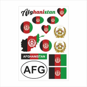 Peut inclure: Une planche d'autocollants représentant le drapeau et les symboles de l'Afghanistan. Les autocollants incluent le drapeau sous diverses formes, le contour du pays et l'emblème national. Le mot "Afghanistan" est écrit en script et en lettres bâtons.