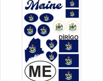 Maine Sticker Set–16 Vinyl Decals, Flag, Map, ME Code, Maine Emblem, Motorcycle, Car