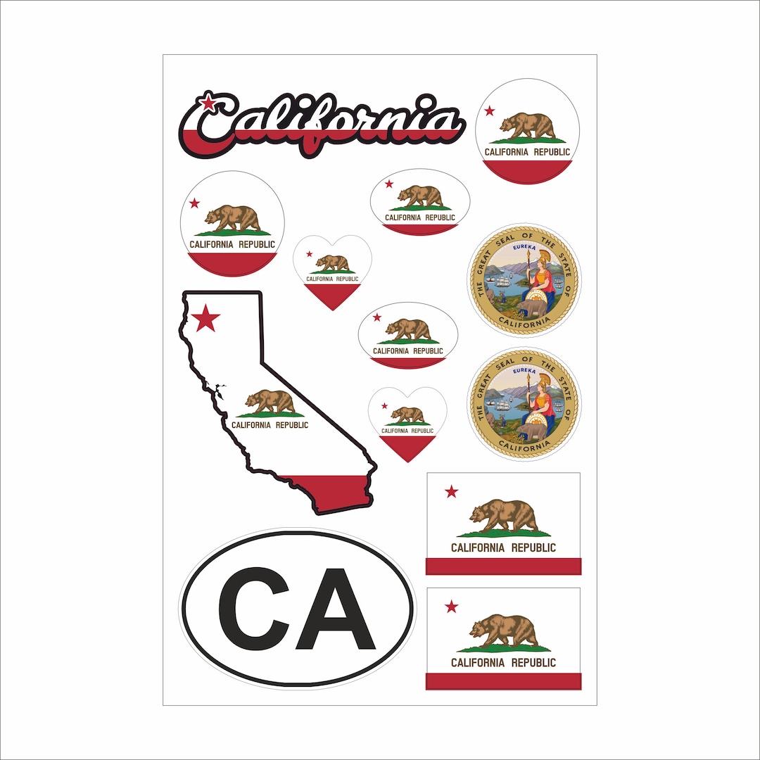 California Sticker Set – 13 Vinyl Decals, Flag, Map, CA Code ...