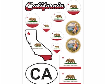 California Sticker Set – 13 Vinyl Decals, Flag, Map, CA Code, California Emblem, Motorcycle, Car