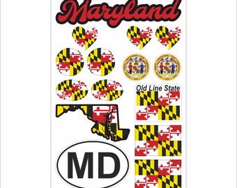 Maryland Sticker Set–15 Vinyl Decals, Flag, Map, MD Code, Maryland Emblem, Motorcycle, Car