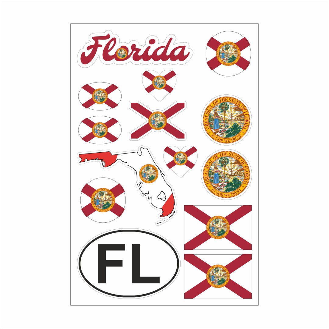 Florida Sticker Set – 14 Vinyl Decals, Flag, Map, FL Code, Florida ...