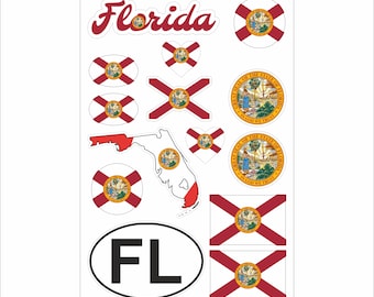 Florida Sticker Set – 14 Vinyl Decals, Flag, Map, FL Code, Florida Emblem, Motorcycle, Car
