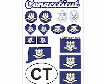 Connecticut Sticker Set – 16 Vinyl Decals, Flag, Map, CT Code, Connecticut Emblem, Motorcycle