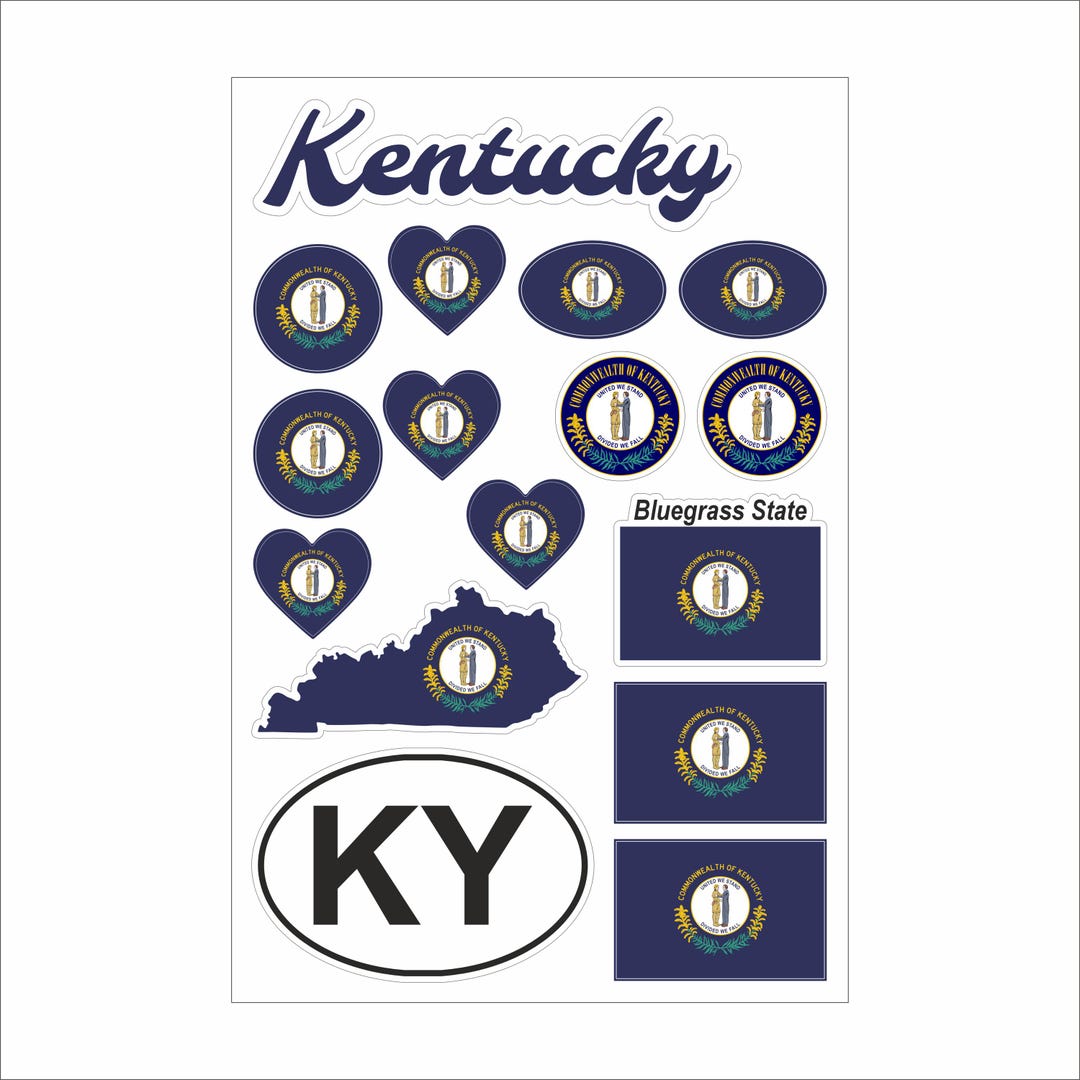 Kentucky Sticker Set–16 Vinyl Decals, Flag, Map, KY Code, Kentucky ...
