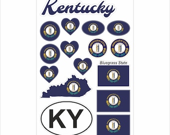 Kentucky Sticker Set–16 Vinyl Decals, Flag, Map, KY Code, Kentucky Emblem, Motorcycle, Car