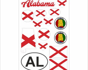 Alabama Sticker Set – 15 Vinyl Decals, Flag, Map, AL Code, Alabama Emblem, Motorcycle, Car
