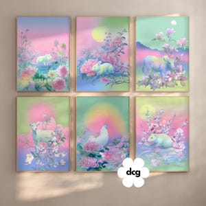 Pastel Chinese Zodiac Wall Art Prints Set of 6 | Lunar New Year (Digital Download)