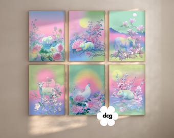 Pastel Chinese Zodiac Wall Art Prints Set of 6 | Lunar New Year (Digital Download)