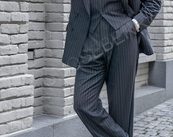 Traje de raya diplomática color carbón para hombre - Traje cruzado de rayón de felpa, años 20, 3 piezas