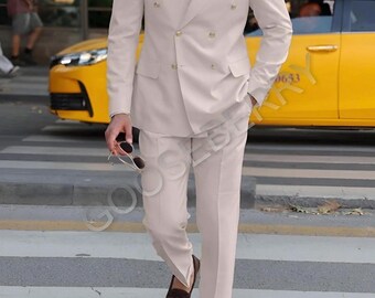 Men's Champagne Double Breasted Suit - Slim Fit Terry Rayon Wedding Suit