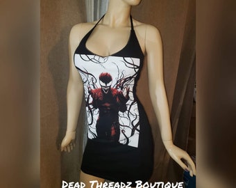 RECYCLED UPCYCLED Halter top dress Tailored Made from licensed Marvel Venom Carnage mens shirt size Small