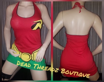 Ready to ship RECYCLED UPCYCLED Halter top dress Tailored Made from used licensed Robin suit Batman shirt size Small