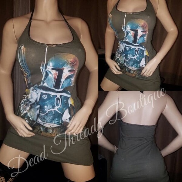 Prêt à expédier RECYCLED UPCYCLED Halter top dress Tailored Made from licensed Star Wars Stormtrooper boba fett size small