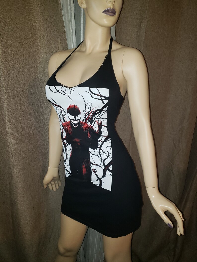 RECYCLED UPCYCLED Halter top dress Tailored Made from licensed Marvel Venom Carnage mens shirt size Small
