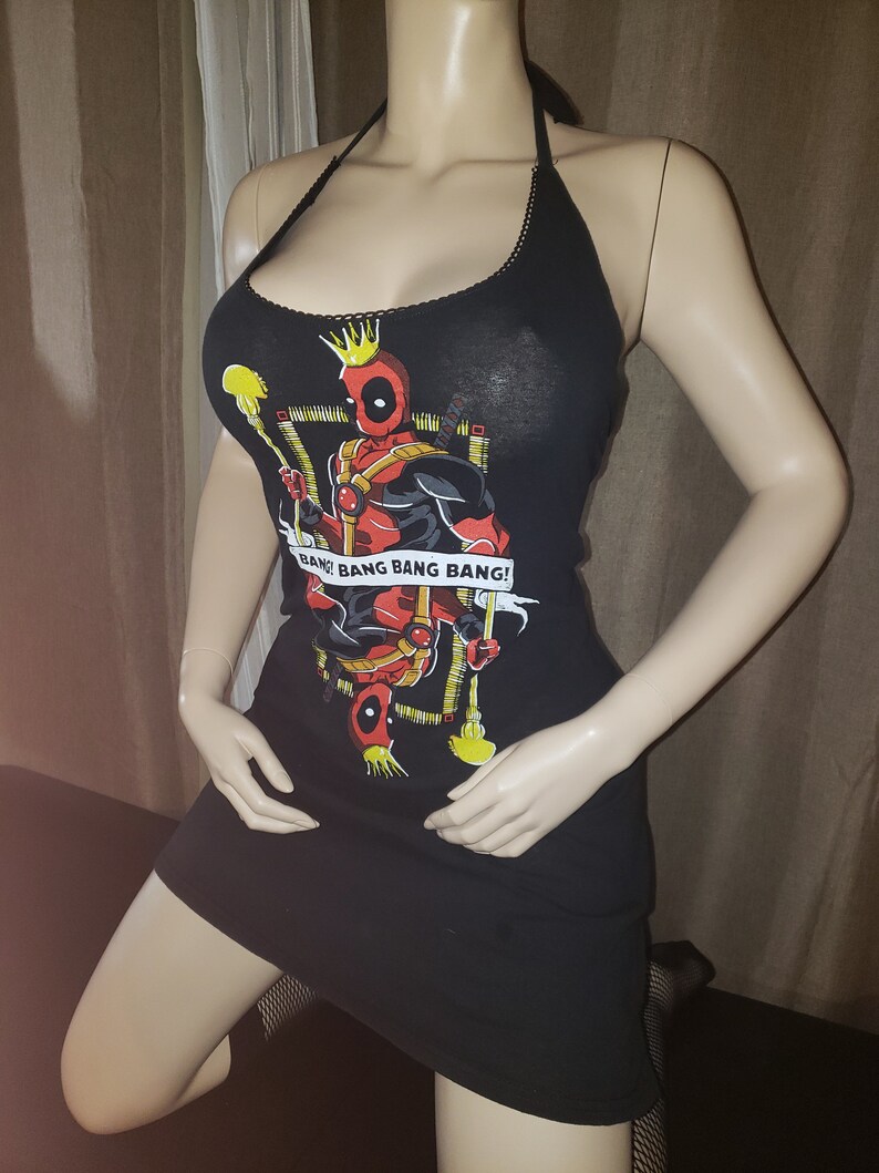 Ready to ship Recycled upcycled Halter top dress Tailored Made from licensed Deadpool queen deck of cards Wade Wilson mens shirt Size Small