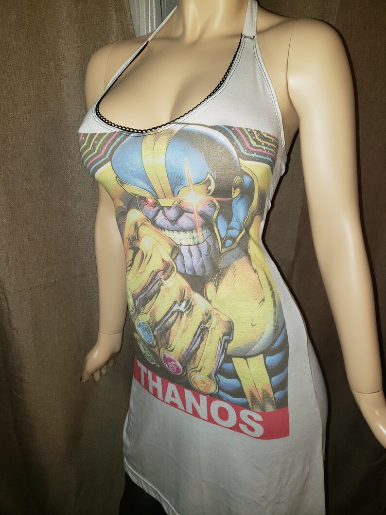 RECYCLED UPCYCLED Halter top dress Tailored Made from licensed Marvel Thanos Infinity Endgame Gauntlet mens shirt Choose size